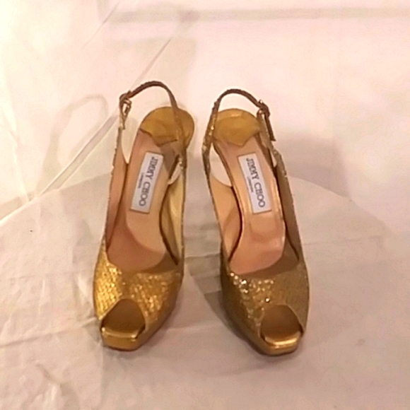 🔥🔥Jimmy Choo London Metallic Elaphe Gold Peep Toe Platform Heels - Picture 1 of 13